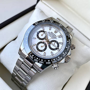 Наручний годинник Rolex Daytona Silver White AAA чоловічі механічні з автопідзаводом на сталевому браслеті