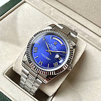 Механические часы Rolex Day Date blue ААА наручные на стальном браслете с календарем и сапфировым стеклом