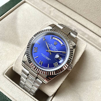 Механічні годинники Rolex Day Date blue ААА наручні на сталевому браслеті з календарем і сапфіровим склом