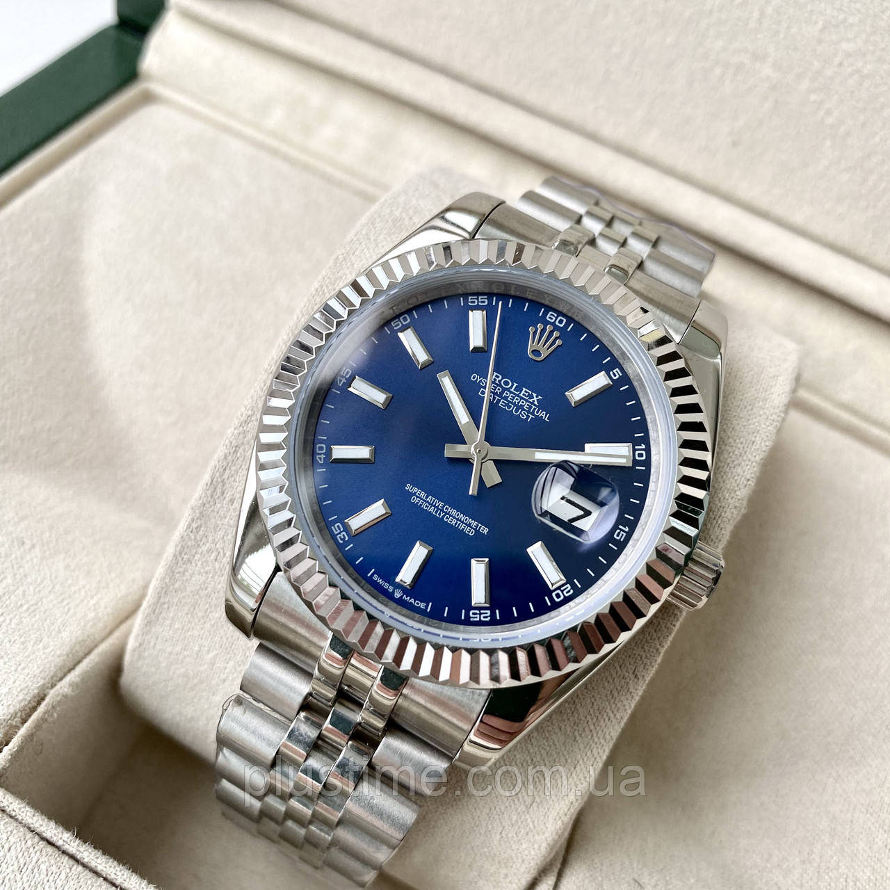 Механічні годинники Rolex Date Just Blue ААА наручні на сталевому браслеті з календарем і сапфіровим склом
