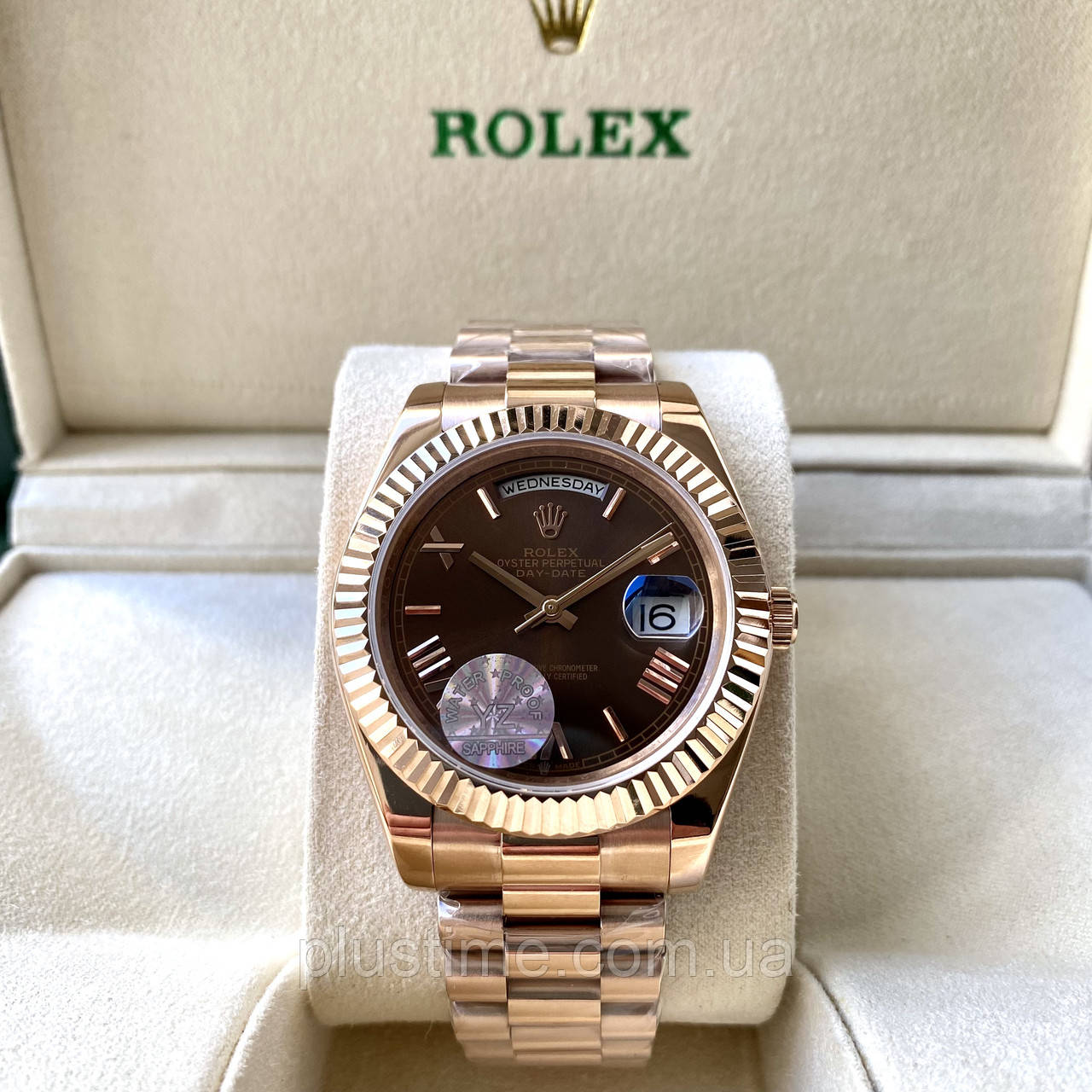 Механічні годинники Rolex Day Date Brown ААА наручні на сталевому браслеті з календарем і сапфіровим склом