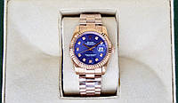 Женские часы Rolex Date just rose gold blue ААА наручные на стальном браслете с календарем и сапфиром