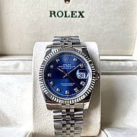 Часы Rolex Date just silver blue 36 мм ААА+ часы наручные на стальном браслете с календарем и сапфиром