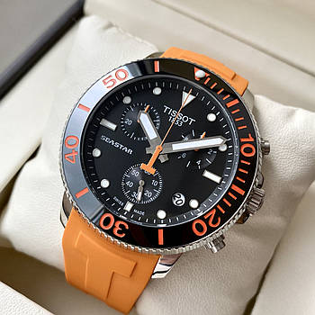 Кварцовий годинник Tissot Seastar AAA Orange чоловічий наручний з хронографом на каучуковому ремені та календарем
