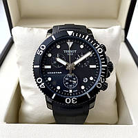 Кварцевые часы Tissot Seastar AAA all black мужские наручные с хронографом на каучуковом ремне и календарем