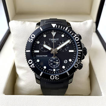 Кварцові годинники Tissot Seastar AAA all black чоловічі наручні з хронографом на каучуковому ремені і календарем