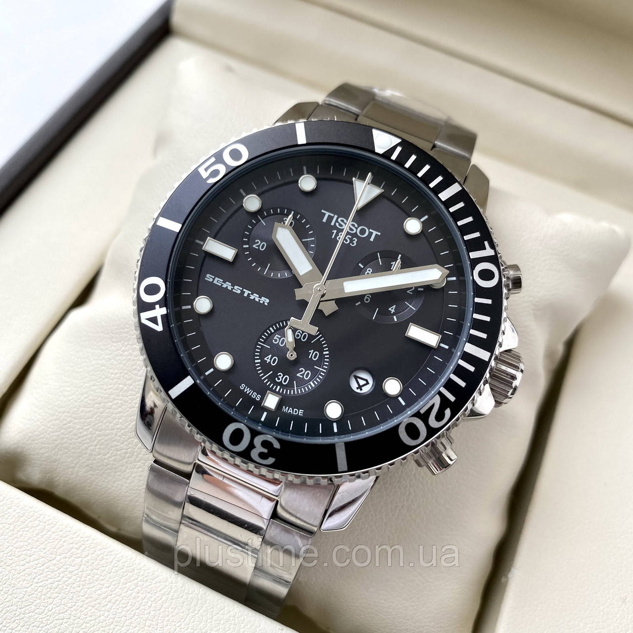 Наручные часы Tissot Seastar AAA black мужские с хронографом на стальном браслете и календарем даты - фото 2 - id-p1983845112