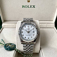 Часы Rolex Date just silver white 36 мм ААА+ наручные на стальном браслете с календарем и сапфиром