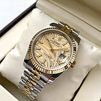 Женские Rolex Date just gold palm jubilee ААА+ часы наручные на стальном браслете с календарем и сапфиром