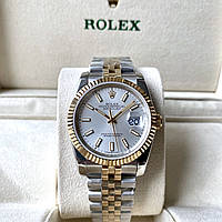 Наручные часы Rolex DateJust Silver Gold ААА+ механические на стальном браслете с календарем и сапфиром