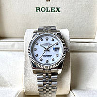 Наручные часы Rolex DateJust silver diamond ААА+ механические на стальном браслете с календарем и сапфиром