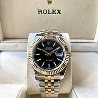 Rolex DateJust Gold Black ААА+ 41mm наручные часы механические на стальном браслете с календарем и сапфиром