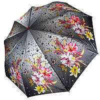 Женский складной зонт полуавтомат с атласным куполом с принтом цветов от Toprain, бордовая ручка 0445-2