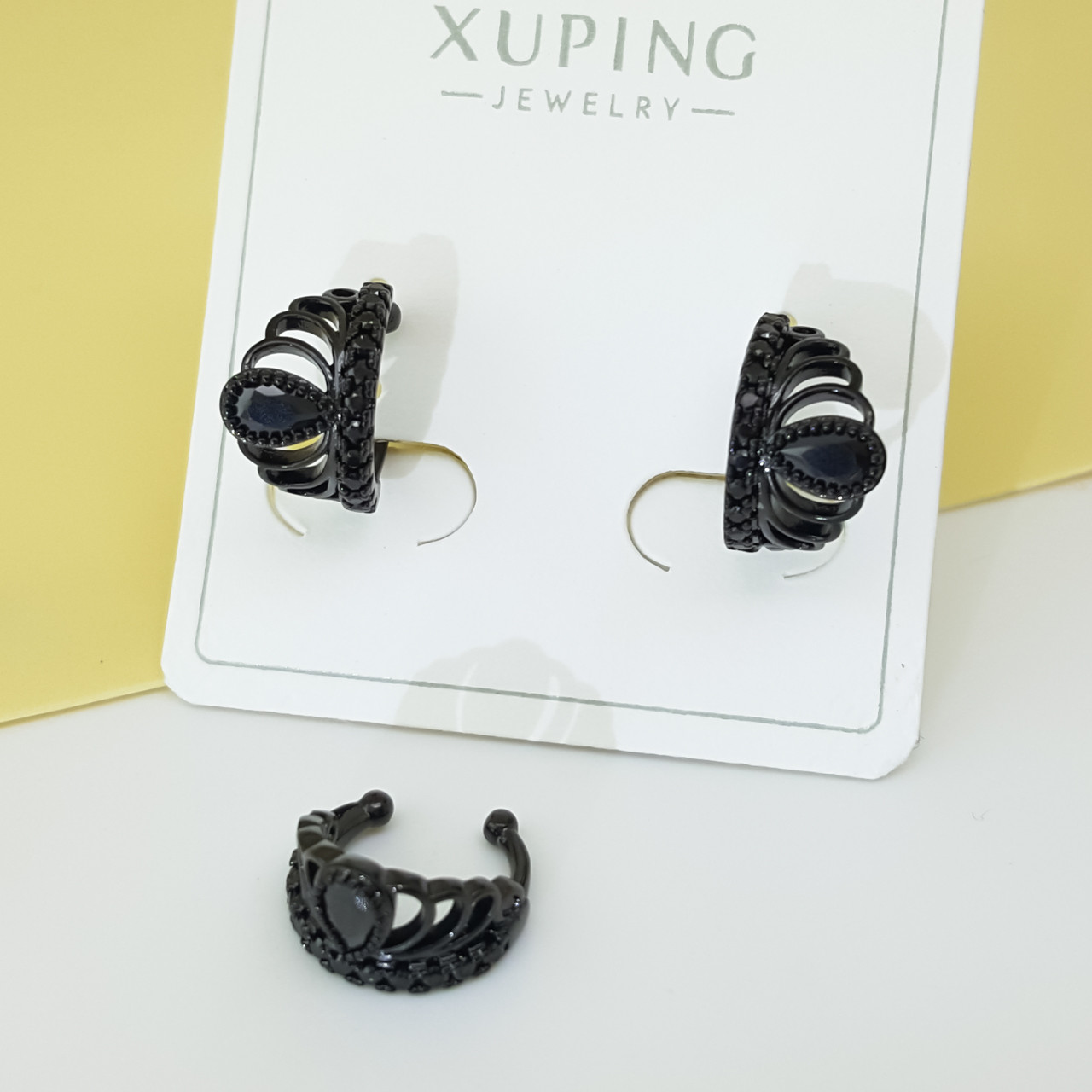 Сережки кафи, "Корона" з чорним камінням, медсталь Xuping, чорні