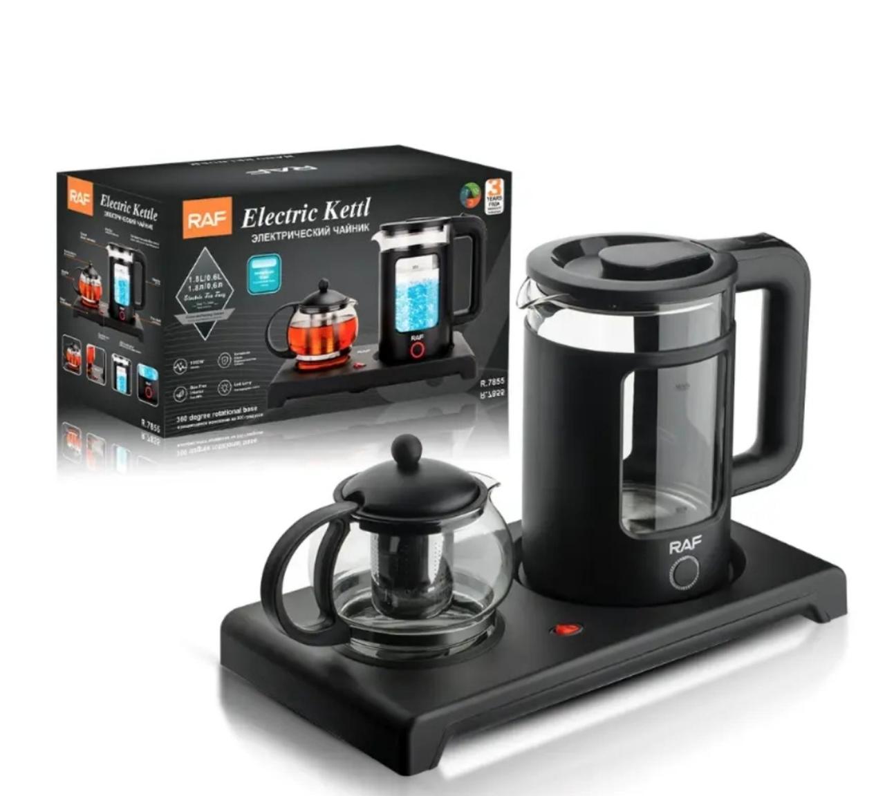 Скляний електричний чайник на підставці 1.8л зі скляним заварником RAF R.7855 1500W, фото 1