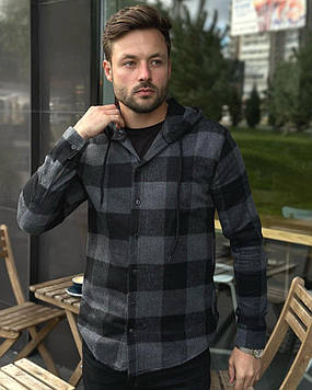 Чоловіча утеплена байкова сорочка в клітинку з капюшоном темно-сіра Туреччина 1125