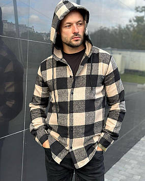 Чоловіча утеплена байкова сорочка в клітинку з капюшоном бежева Туреччина 1129