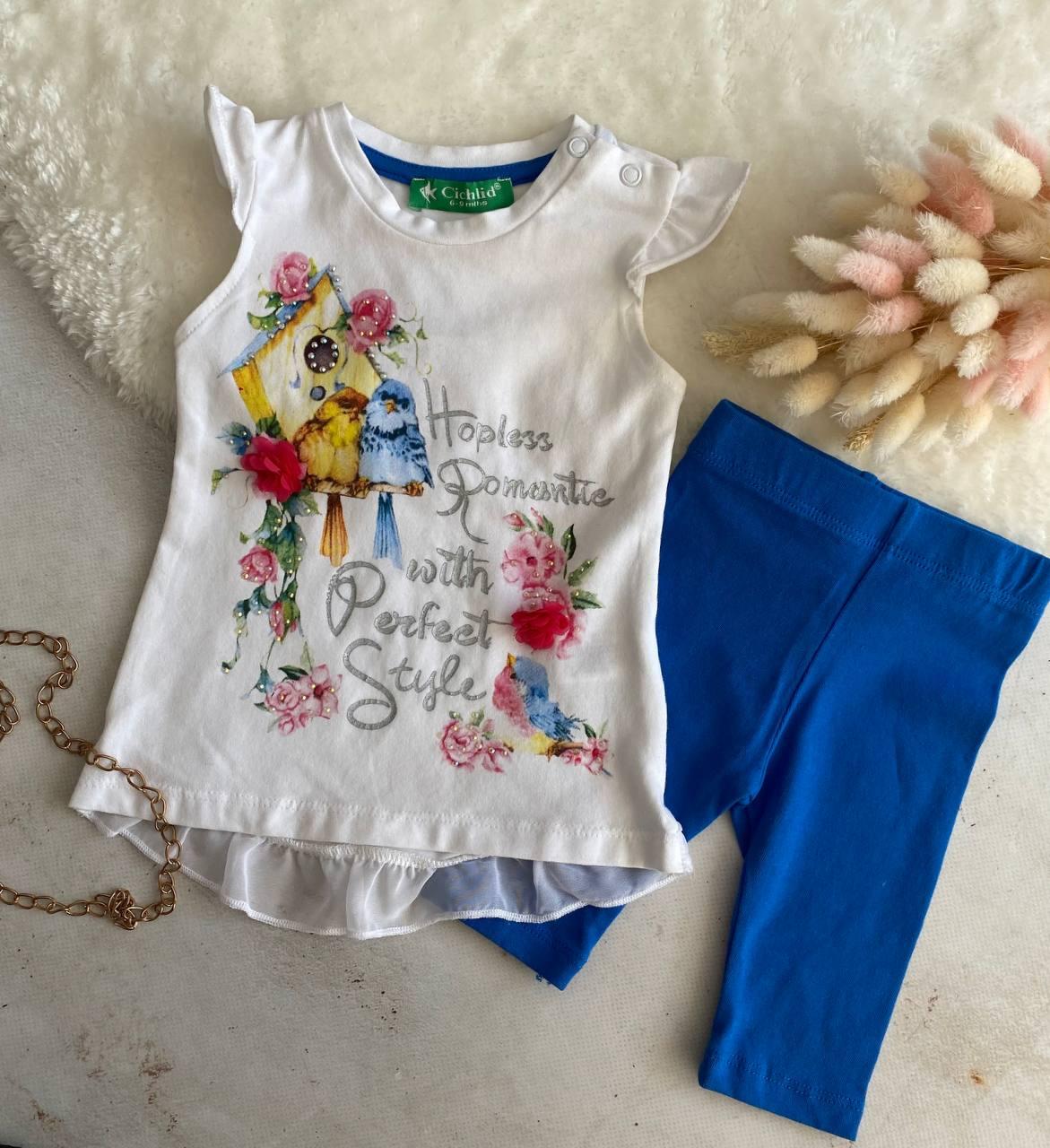 Комплект для дівчинки футболка з пташками Біла + сині штани 2000-026, Білий, Дівчинка, Літо, 6/9 міс., фото 1