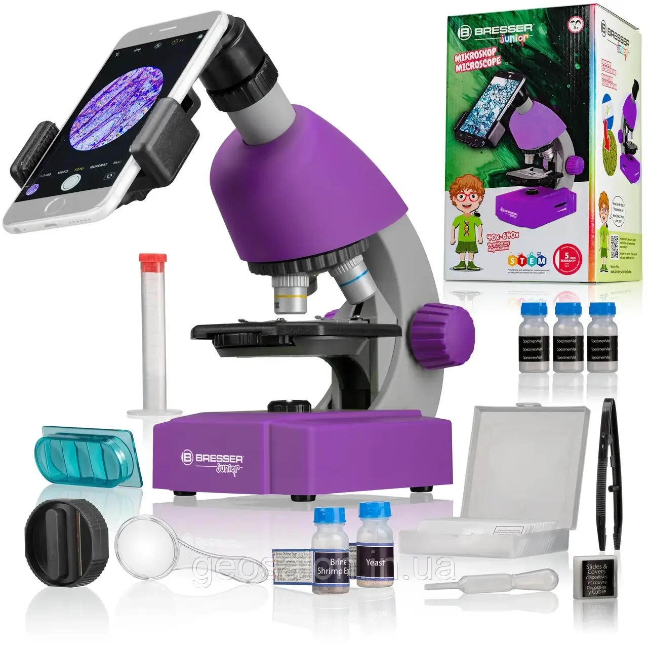 Мікроскоп Bresser Junior 40x-640x Purple з набором для дослідів і адаптером для смартфона