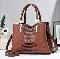 Лаковая женская сумка через плечо коричневая под рептилию, качественная модная сумочка трендовая из экокожи