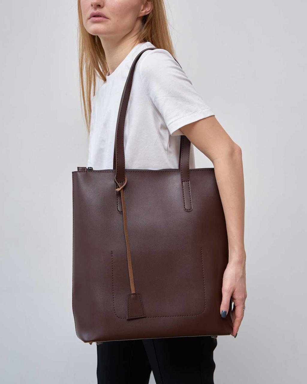 Жіноча шкіряна сумка-шоппер на плече з двома ручками «Венді» коричнева Welassie