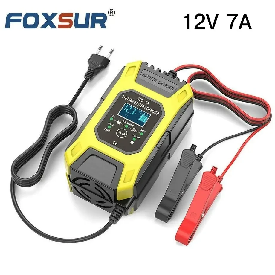 Foxsur 12V 7A зарядний пристрій, автоматичний, імпульсний, для автомобільного акумулятора, 6-120 Ач (АКБ)