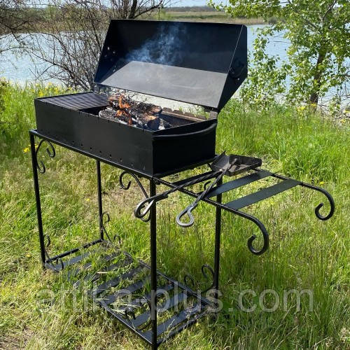 Мангал - барбекю на 12 шампурів на дровнику + полиця  Україна (4мм), фото 1