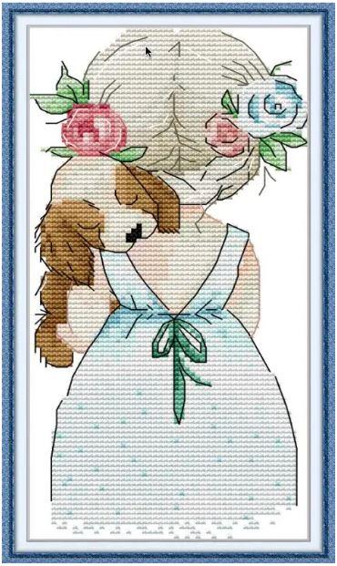 Набір для вишивання за нанесеною на канву схемою "Little girl and puppy". AIDA 14CT printed,14*27 см