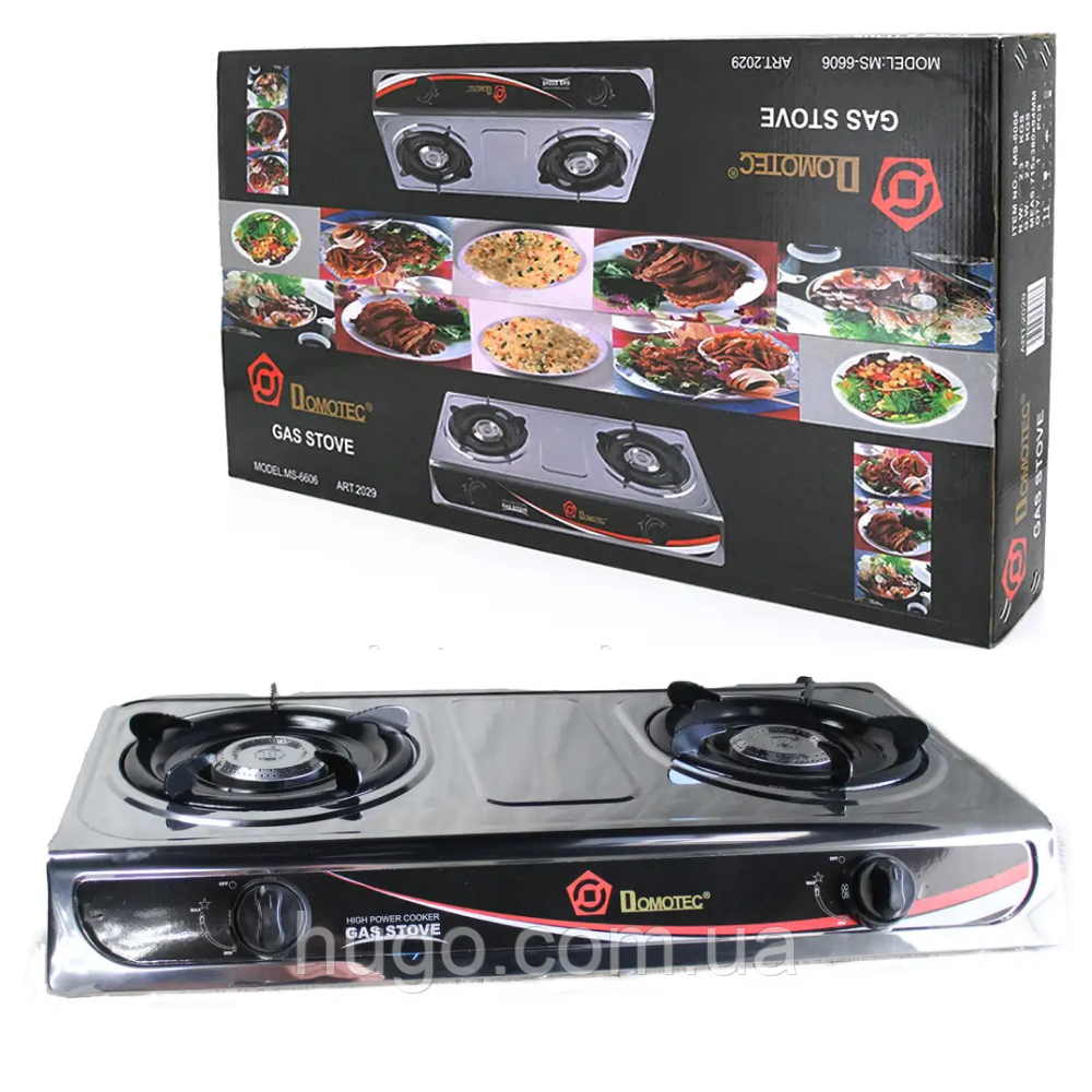 Настільна газова плита на 2 конфорки 4400 Вт, Domotec MS 6606 / Двоконфорна плита з нержавіючої сталі, фото 1