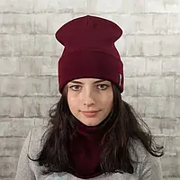 Комплект жіночий зимовий шапка з хомутом (бафф), зимова шапка і снуд для дівчат Бордового кольору