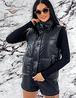 Женская стильная теплая жилетка из эко-кожи черная хорошее качество