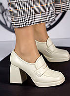 Модные женские кожаные туфли на широком каблуке светлый беж GOTHIC