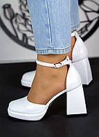 Белые кожаные закрытые босоножки туфли на широком каблуке CREDO