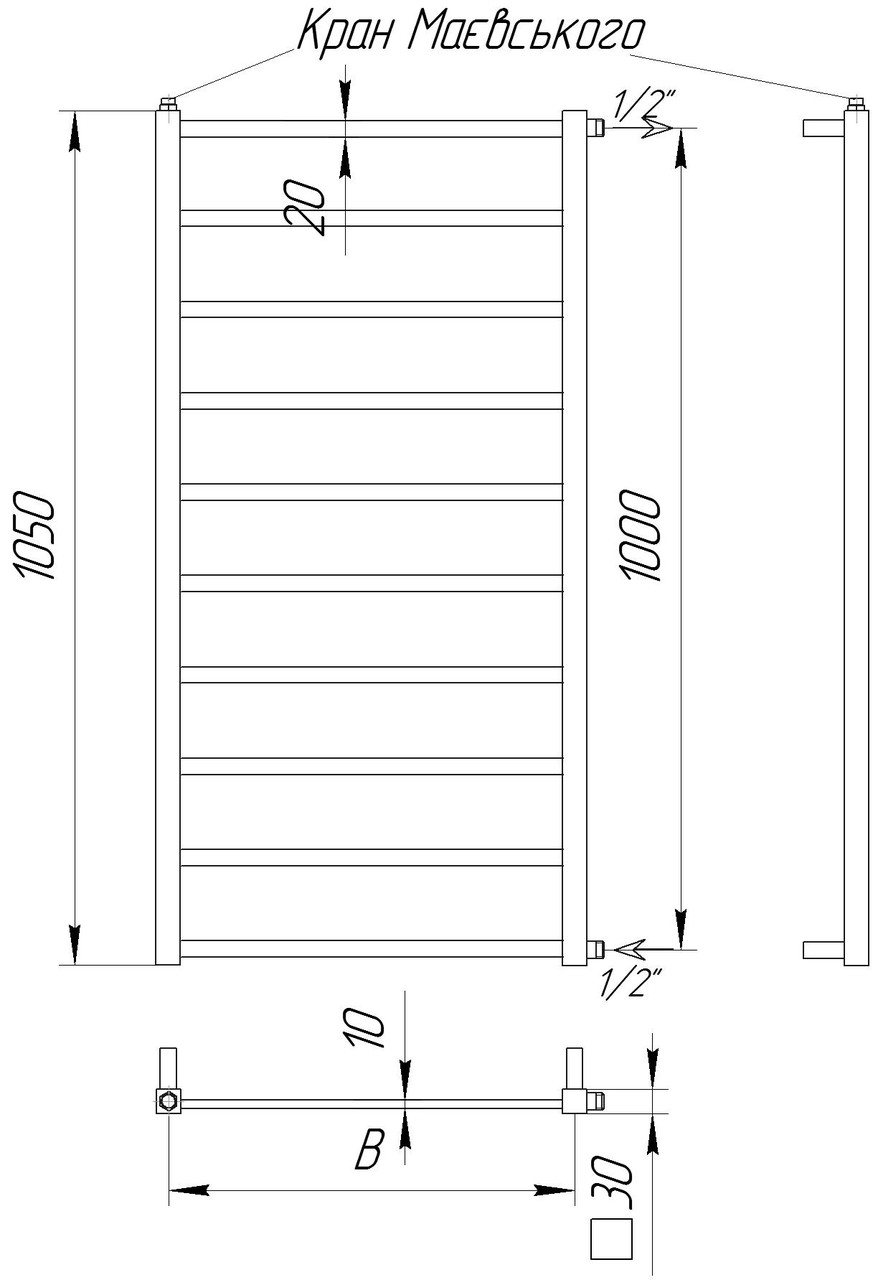 Длинный и узкий полотенцесушитель Quatro 10 /1050х400 из квадратной плоской трубы. Водяной и электро - фото 7 - id-p19806586