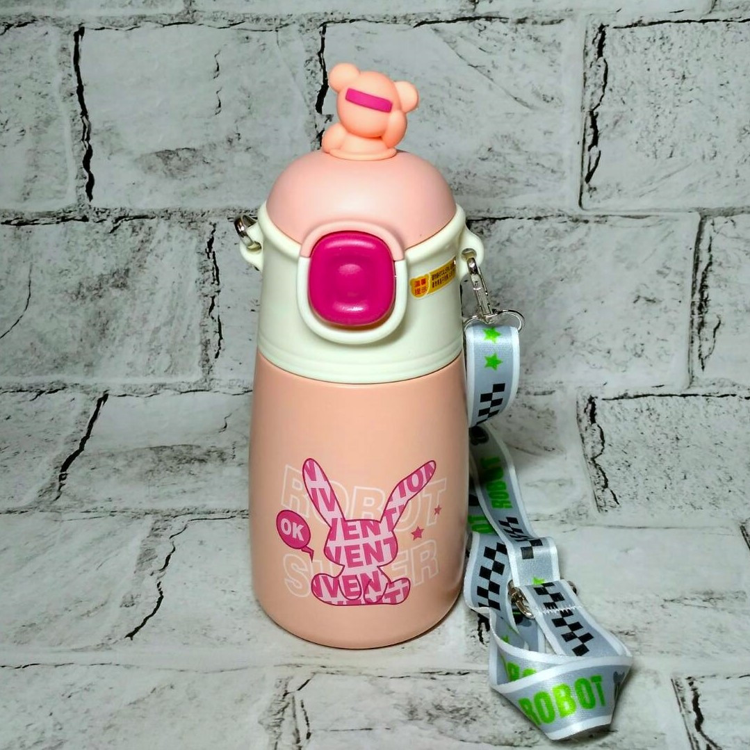 Термос дитячий питний для води напоїв для дівчинки з напувалкою та ремінцем 500 мл 18х8 см Рожевий (23-67-2)