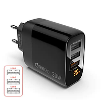 Сетевое зарядное устройство PZOZ, 3хUSB, Quick Charge 3.0 30W, Output: 5V-3A/9v-2A/12v-1.5A / 30W