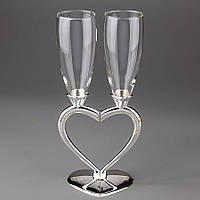 Весільні келихи на металевій ніжці колір срібло Серце в наборі 2 шт 1010G