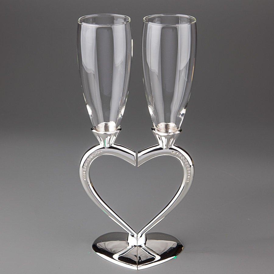 Весільні келихи на металевій ніжці колір срібло Серце в наборі 2 шт 1010G