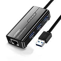 Сетевой адаптер/хаб Ugreen USB 3.0 - 3хUSB 3.0 + RJ45 Ethernet 1000Mbps (Черный) 20265