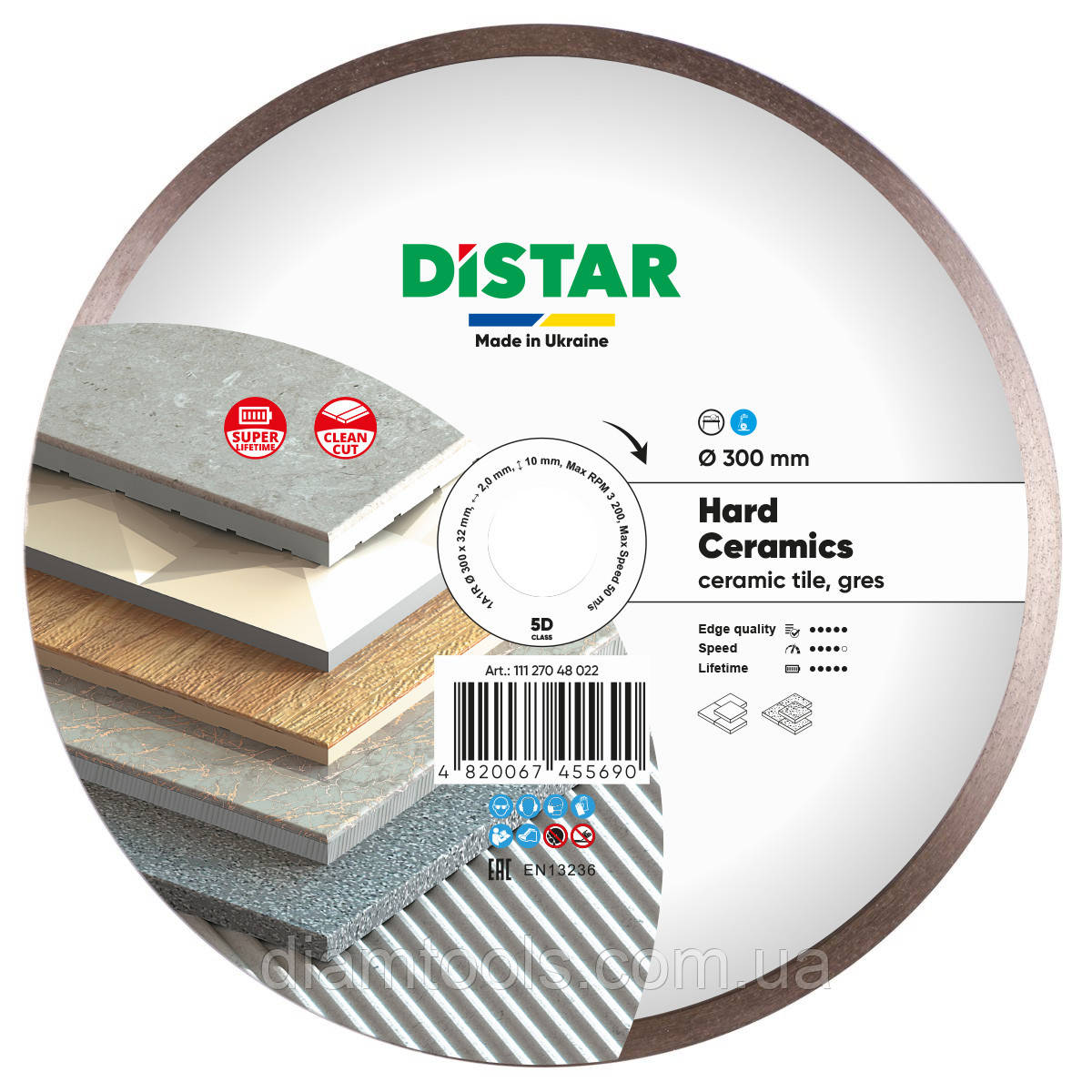 Круг алмазний відрізний по керамограніту Distar Hard ceramics 300x2.0x10x32
