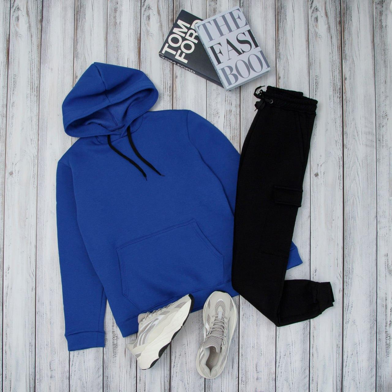 Чоловічий спортивний костюм теплий на флісі ram синій-чорний комплект зима утеплений кофта штани-карго, фото 1