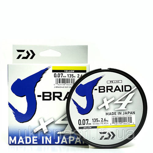Японський шнур для риболовлі 0.10 3,8 кг Daiwa J-Braid X4E 0,10mm 135m Yellow Японський плетений шнур, фото 1