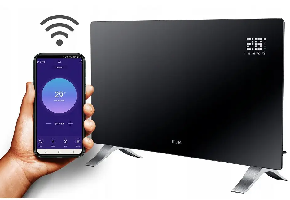 Електричний обігрівач конвектор Eberg EVI Pro 2,4 кВт, Wi-fi управління, Термостат 5-45 ° C, Таймер, Чорний