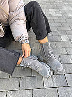 Черевики жіночі замшеві сірого кольору на шнурках і з замком, зимові