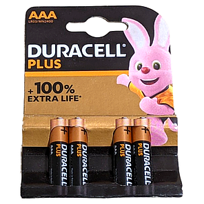 Лужні батарейки Duracell Plus ААА LR03 4 штуки в блістері, паковання потужних мізинчикових батарейок, фото 1