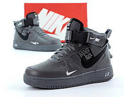 Зимние кроссовки Nike Air Force 1 Mid Grey (Найк Аир Форс мужские на меху серого цвета)