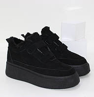 Зимние женские ботинки кроссовки на липучках замшевые черные
