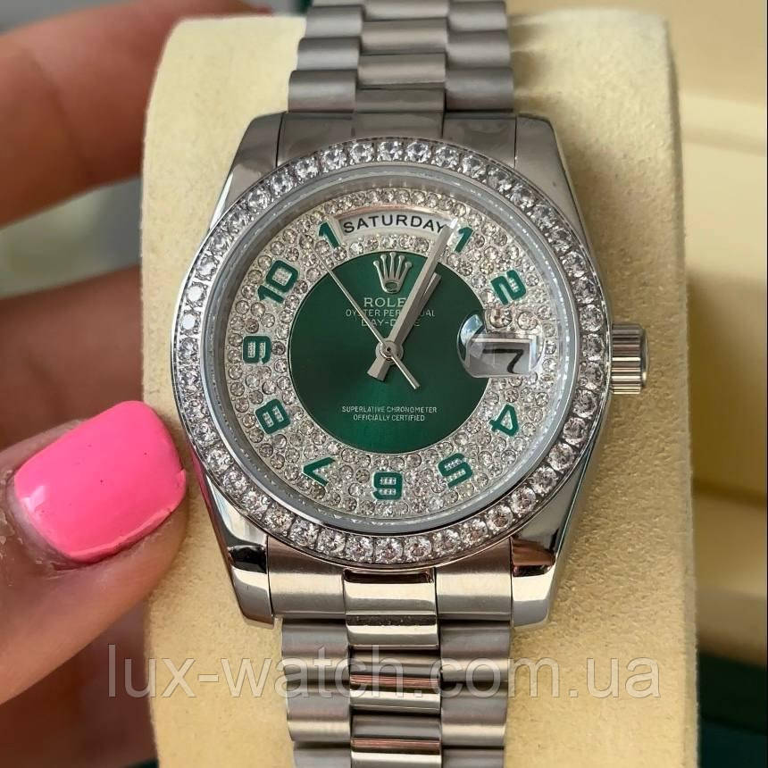 Круті наручний годинник Rolex 36 mm Day — Date Silver Green Diamond