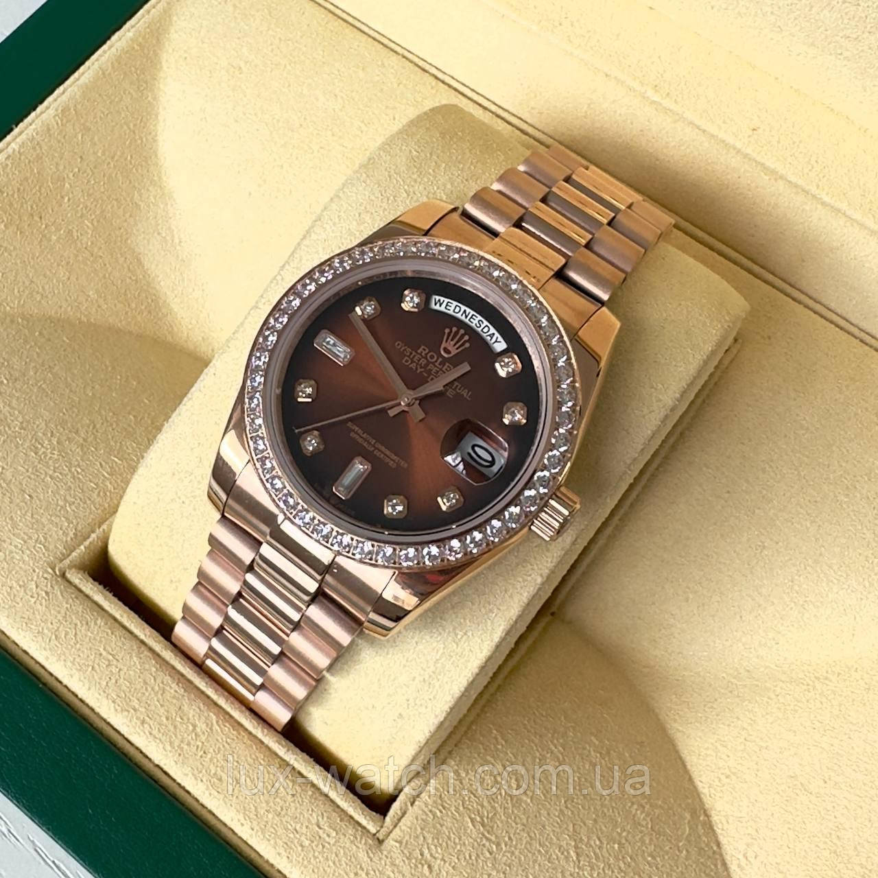 Модний наручний годинник Rolex 36 mm Day — Date Oyster Perpetual Diamond Еverose Gold преміального ААА класу