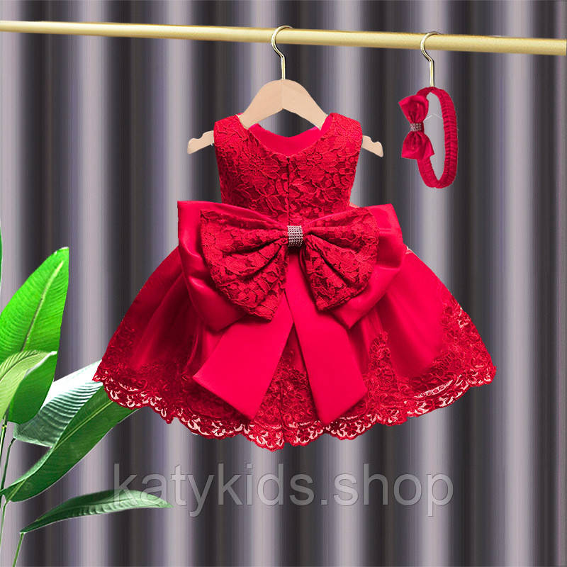 Святкова червона дитяча сукня з пов'язкою на голову 80 см 1-1,5 роки